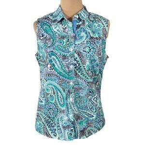 Charter Club Golf Sleeveless Top Paisley Button Front Size 10 Blue Green